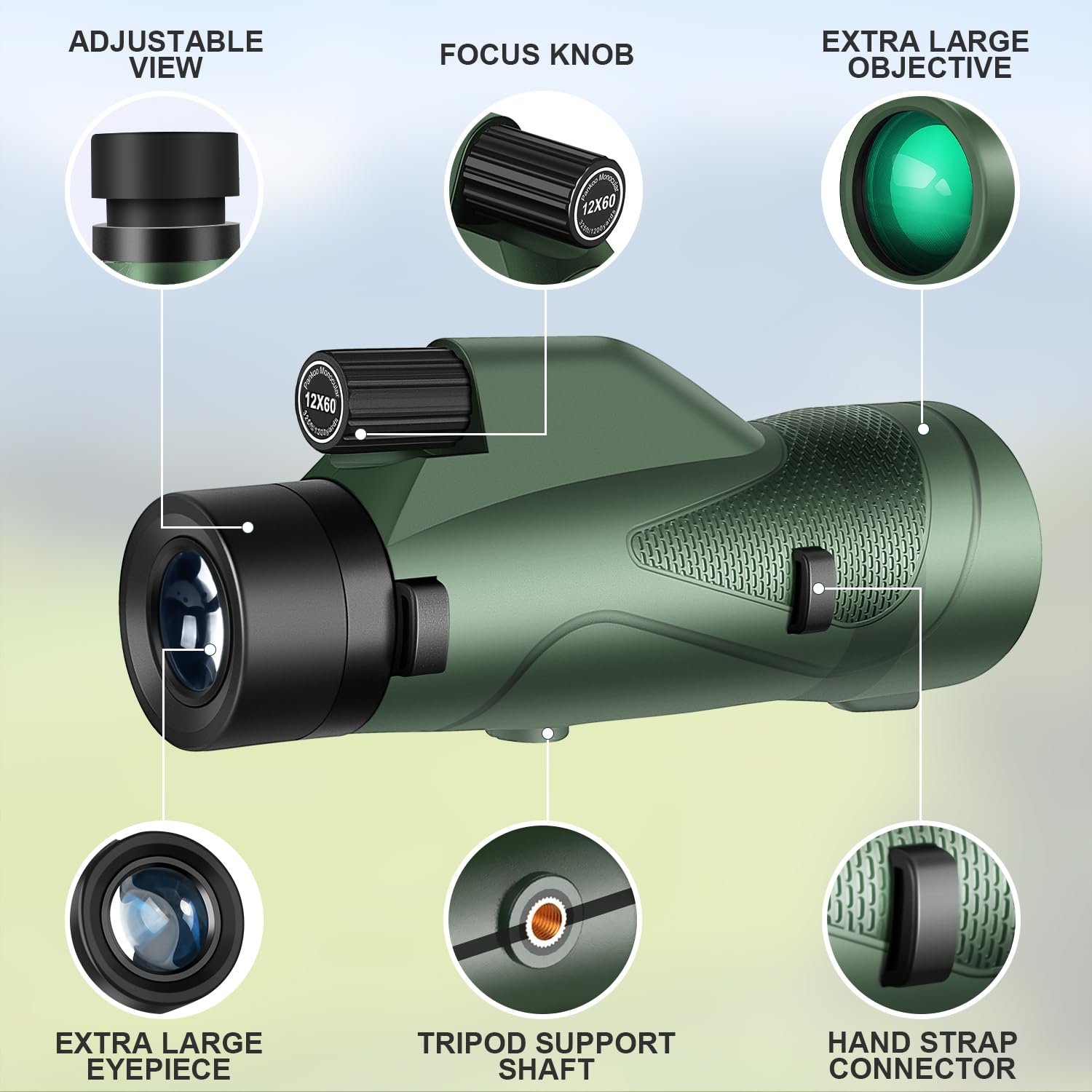12x60 HD Monocular Telescope for Adults with Smartphone Adapter Tripod Hand Strap - High Power Monoculars Equipped with Large BAK4 Prism & FMC Lens - Suitable for Bird Watching...
