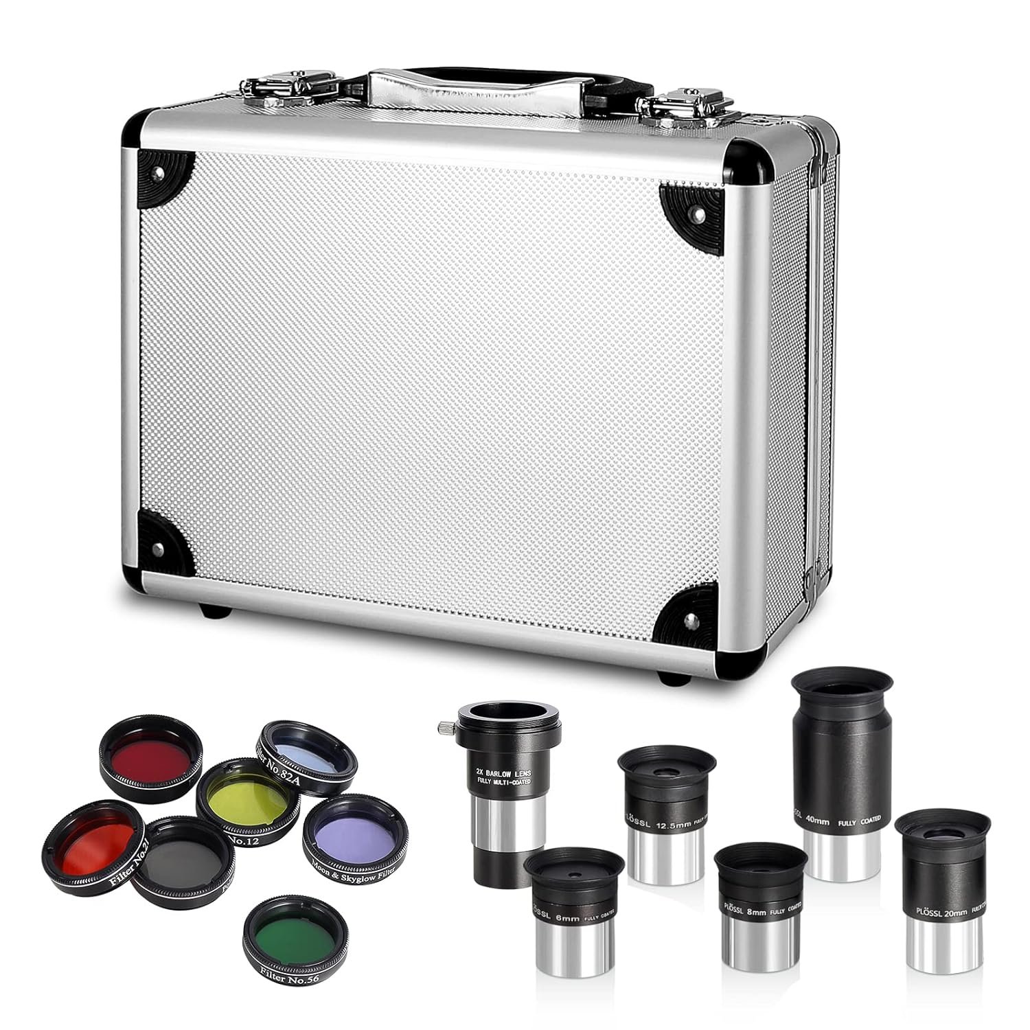 13 Piece Telescope Accessory Kit - 1.25" Telescope Eyepiece and Filter Set with a Sturdy Carry Case - 5pcs Plossl Telescope Eyepieces - 2X Barlow Lens - 7pcs Filters