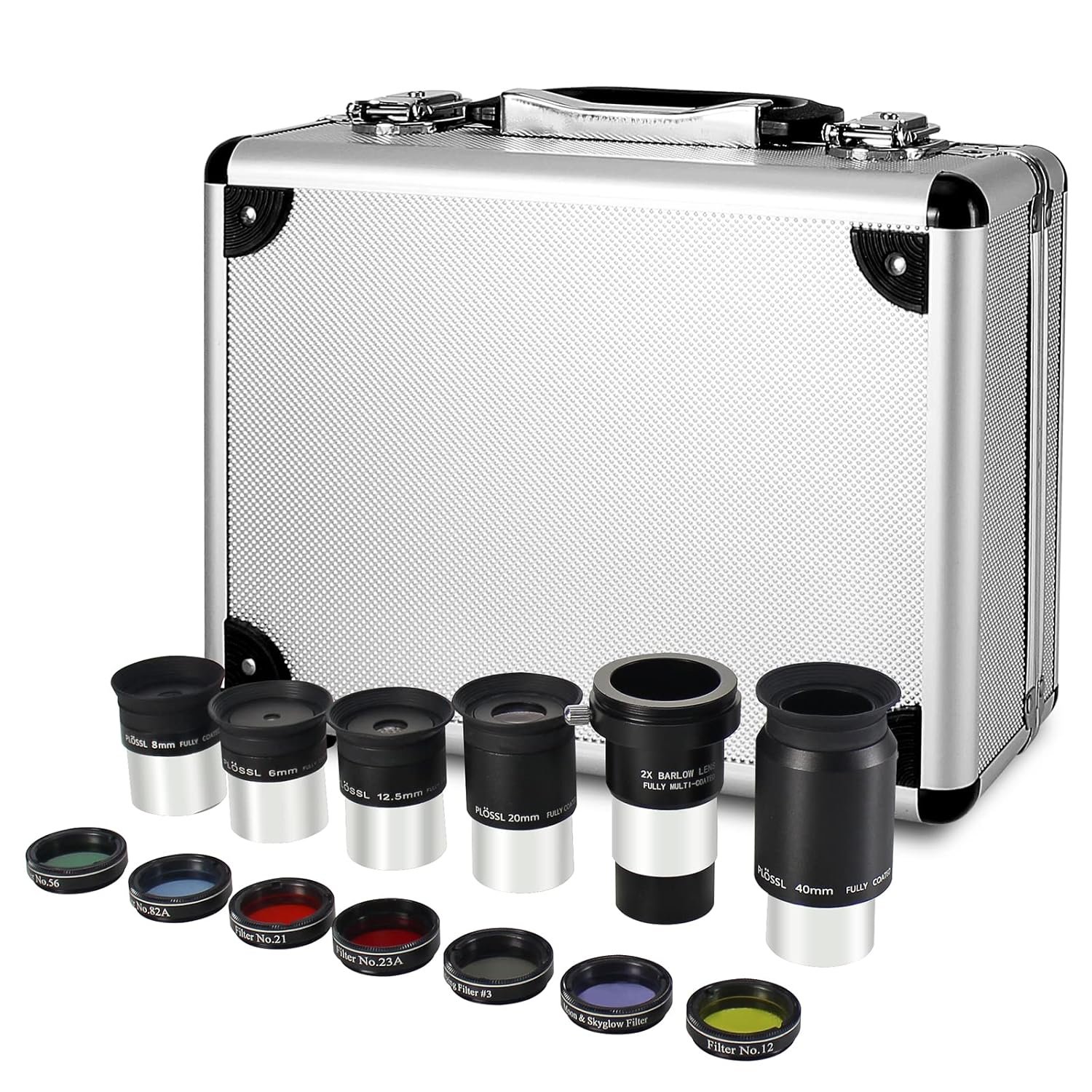 13 Piece Telescope Accessory Kit - 1.25" Telescope Eyepiece and Filter Set with a Sturdy Carry Case - 5pcs Plossl Telescope Eyepieces - 2X Barlow Lens - 7pcs Filters