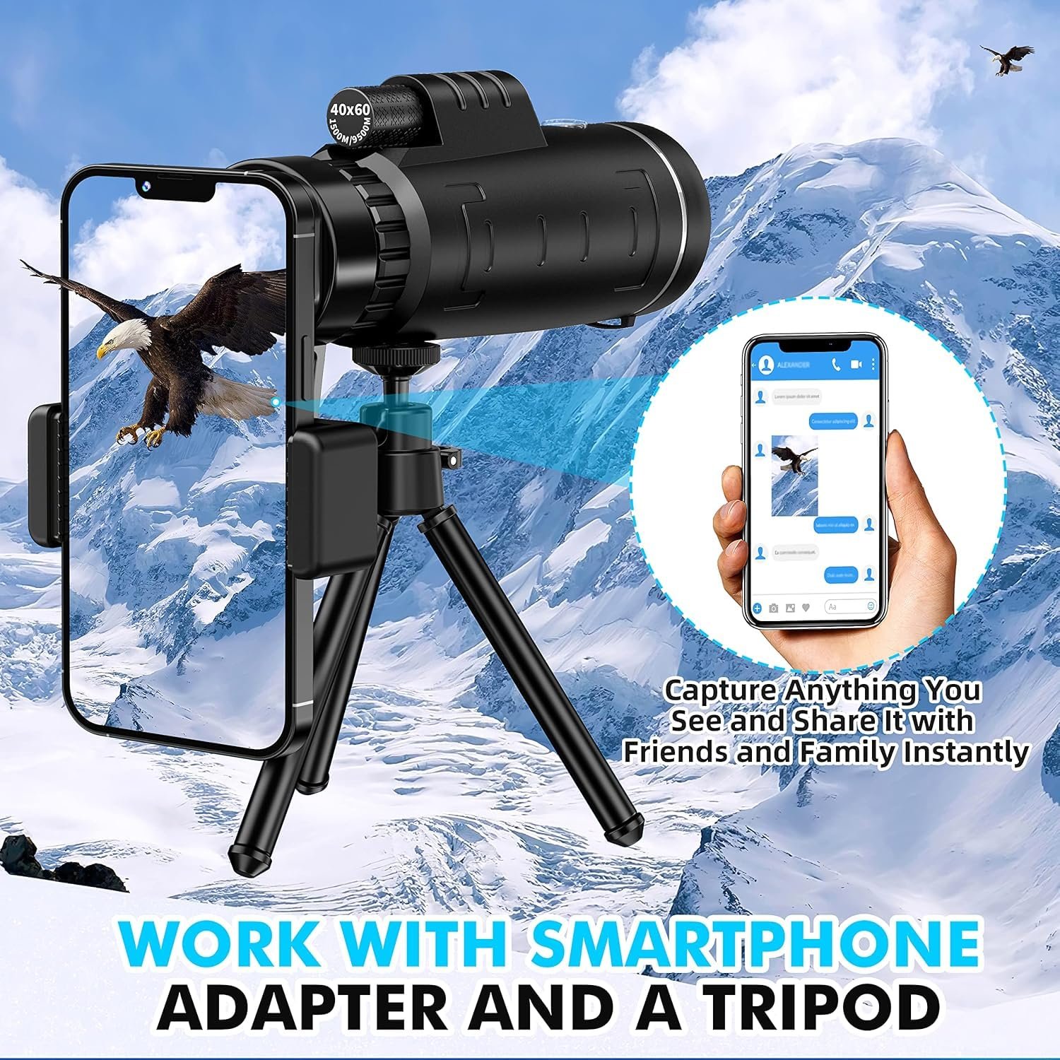 40x60 Monocular Telescope for Adults High Powered, Monocular for Adults, Compact Low Light Vision for Wildlife, Hunting, Camping, Travel &Outdoor Adventures