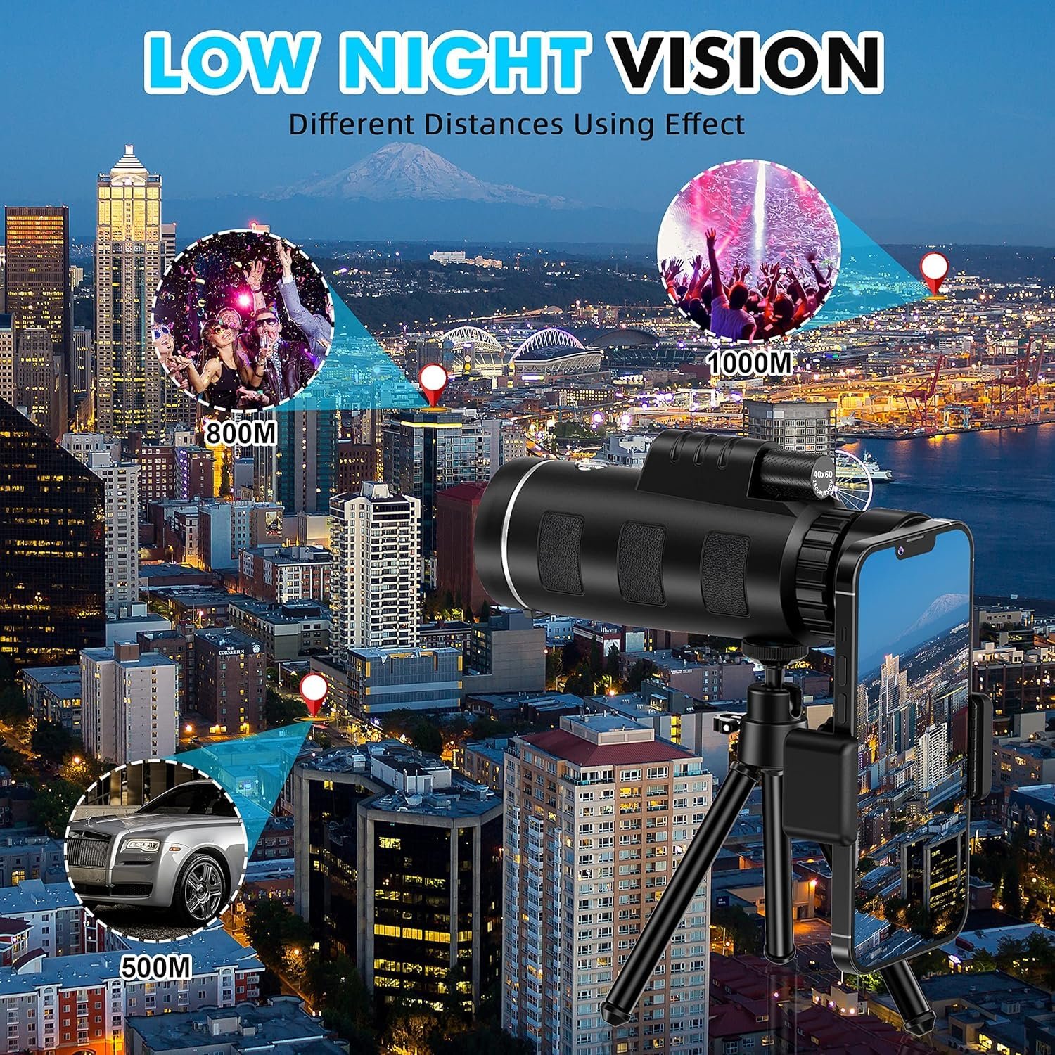40x60 Monocular Telescope for Adults High Powered, Monocular for Adults, Compact Low Light Vision for Wildlife, Hunting, Camping, Travel &Outdoor Adventures