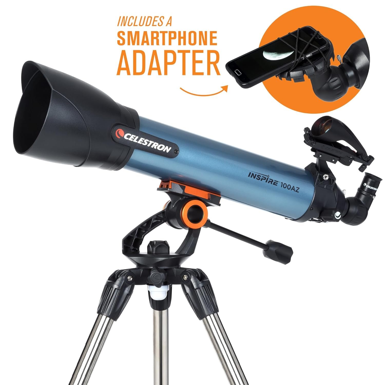 Celestron 22403 Inspire 100AZ Refractor Telescope with Built-in Smartphone Adapter, Blue