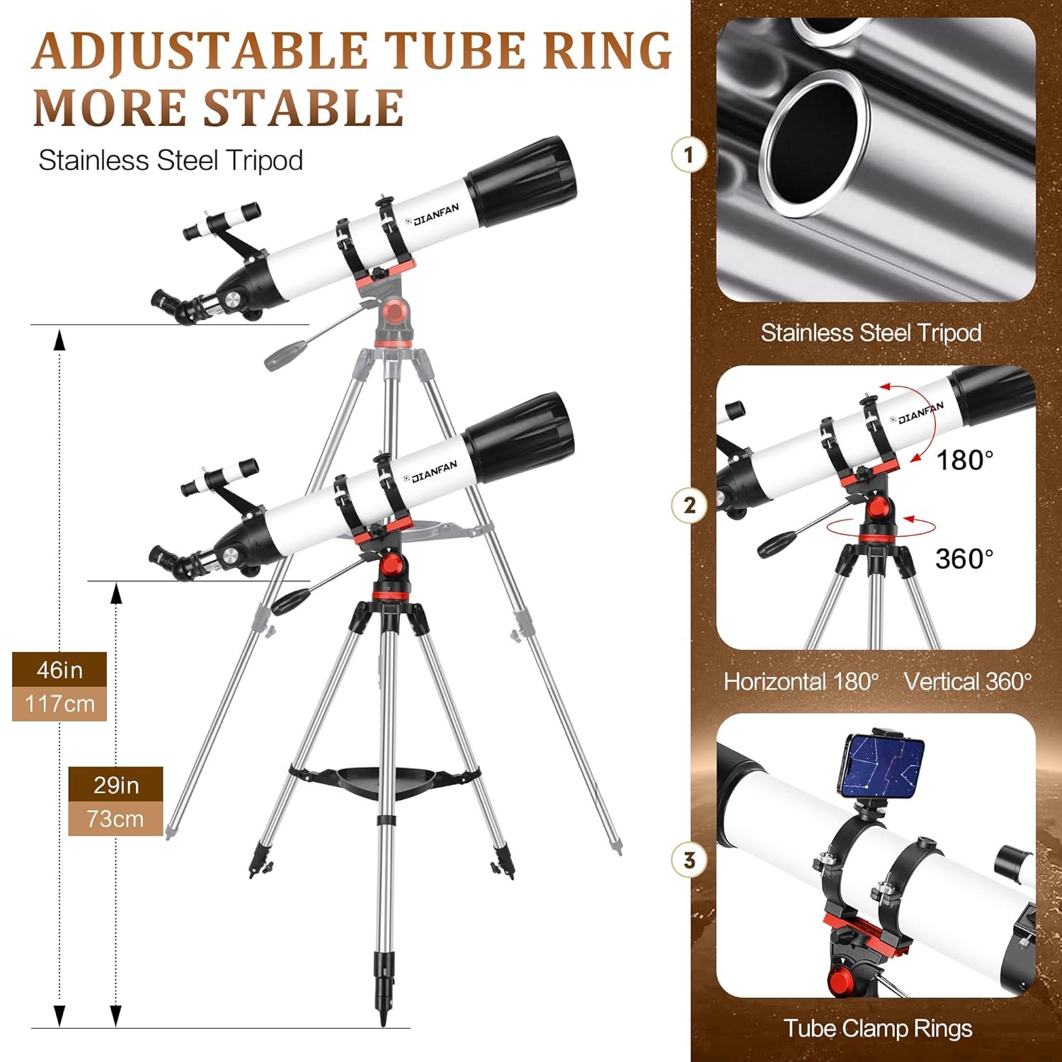 Dianfan Telescope,90mm Aperture 800mm Telescopes for Adults Astronomy,Portable Professional Refractor Telescope for Beginners,with Stainless Tripod & Phone Adapter,Carry Bag