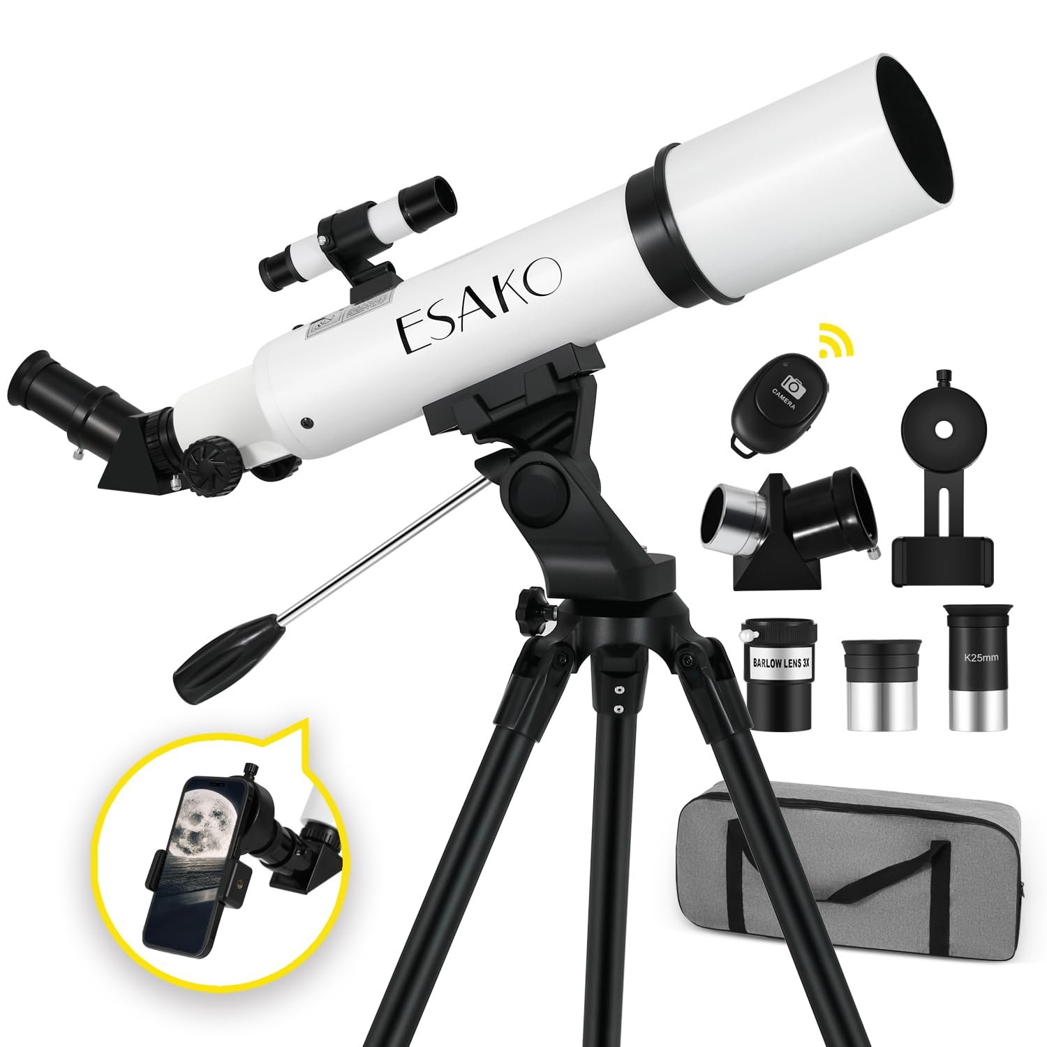 ESAKO Telescope for Kids & Beginners, 70mm Aperture Portable Telescopes with 3 Eyepieces, Height Adjustable Tripod & Phone Adapter & Remote Control