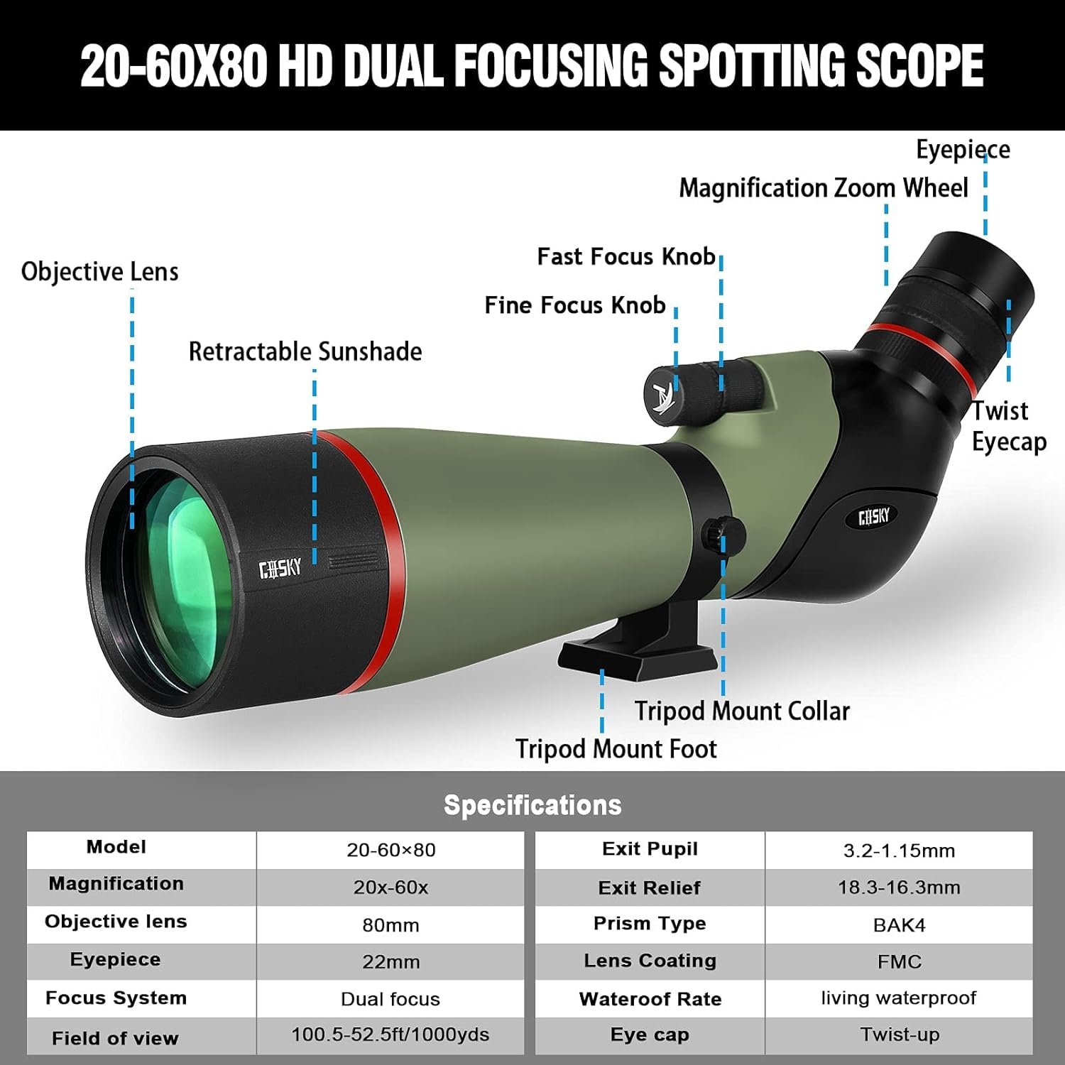 Gosky 20-60X80 HD Dual Focusing Spotting Scope, BAK4 Prism 45 Degree Angled Eyepiece with Tripod, Smartphone Adapter, Scope for Bird Watching Target Shooting Hunting Wildlife...