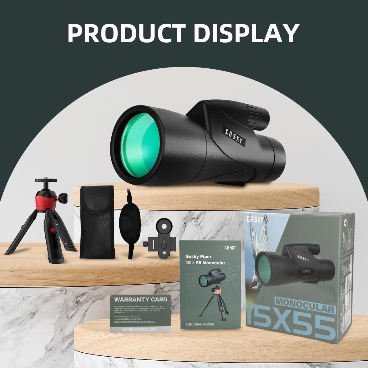 Gosky Monoculars Telescope, 15x55 HD Monocular for Adult with BAK4 Prism & FMC Lens, Lightweight Monocular with Smartphone Adapter Suitable for Bird Watching Hunting (Black)