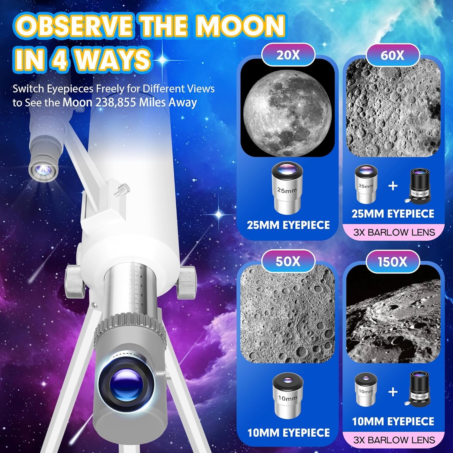 Hawkko Telescope for Adults & Kids – 80mm Aperture 500mm Telescopes for Adults Astronomy, (20X-150X) Portable Refractor Telescope Kit for Beginners with Decorate Stickers, AZ...