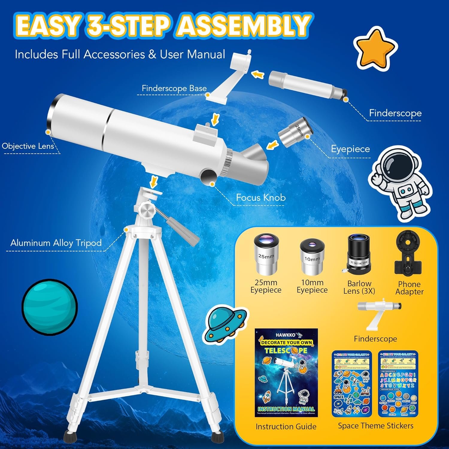 Hawkko Telescope for Adults & Kids – 80mm Aperture 500mm Telescopes for Adults Astronomy, (20X-150X) Portable Refractor Telescope Kit for Beginners with Decorate Stickers, AZ...