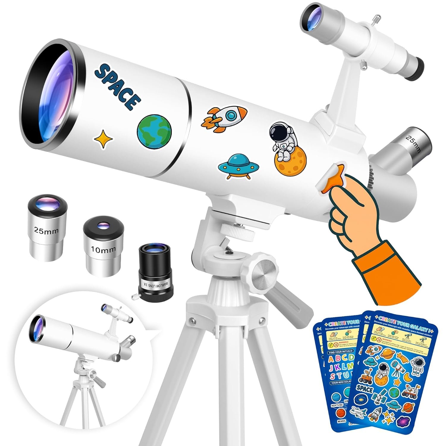 Hawkko Telescope for Adults & Kids – 80mm Aperture 500mm Telescopes for Adults Astronomy, (20X-150X) Portable Refractor Telescope Kit for Beginners with Decorate Stickers, AZ...