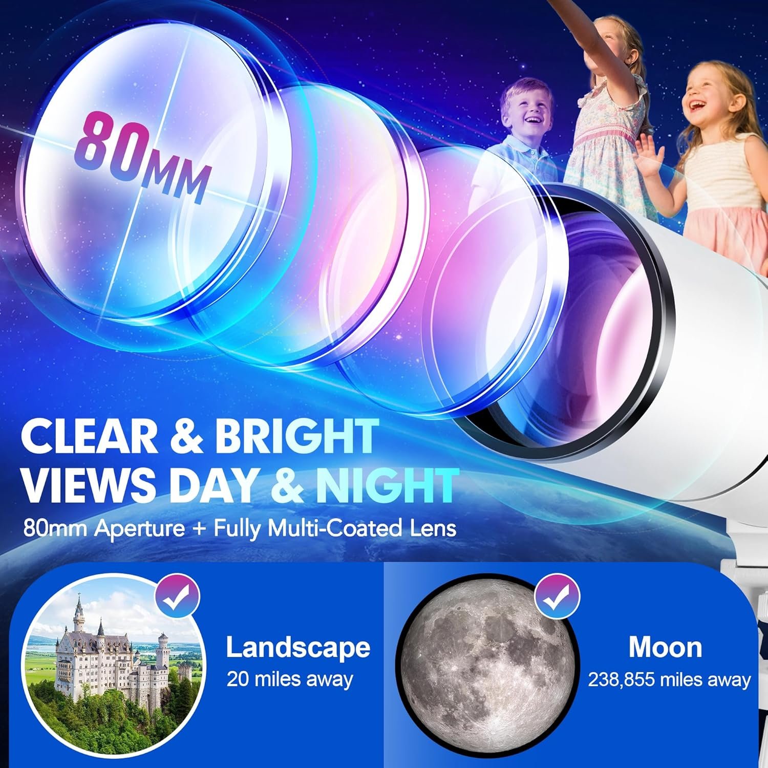 Hawkko Telescope for Adults & Kids – 80mm Aperture 500mm Telescopes for Adults Astronomy, (20X-150X) Portable Refractor Telescope Kit for Beginners with Decorate Stickers, AZ...