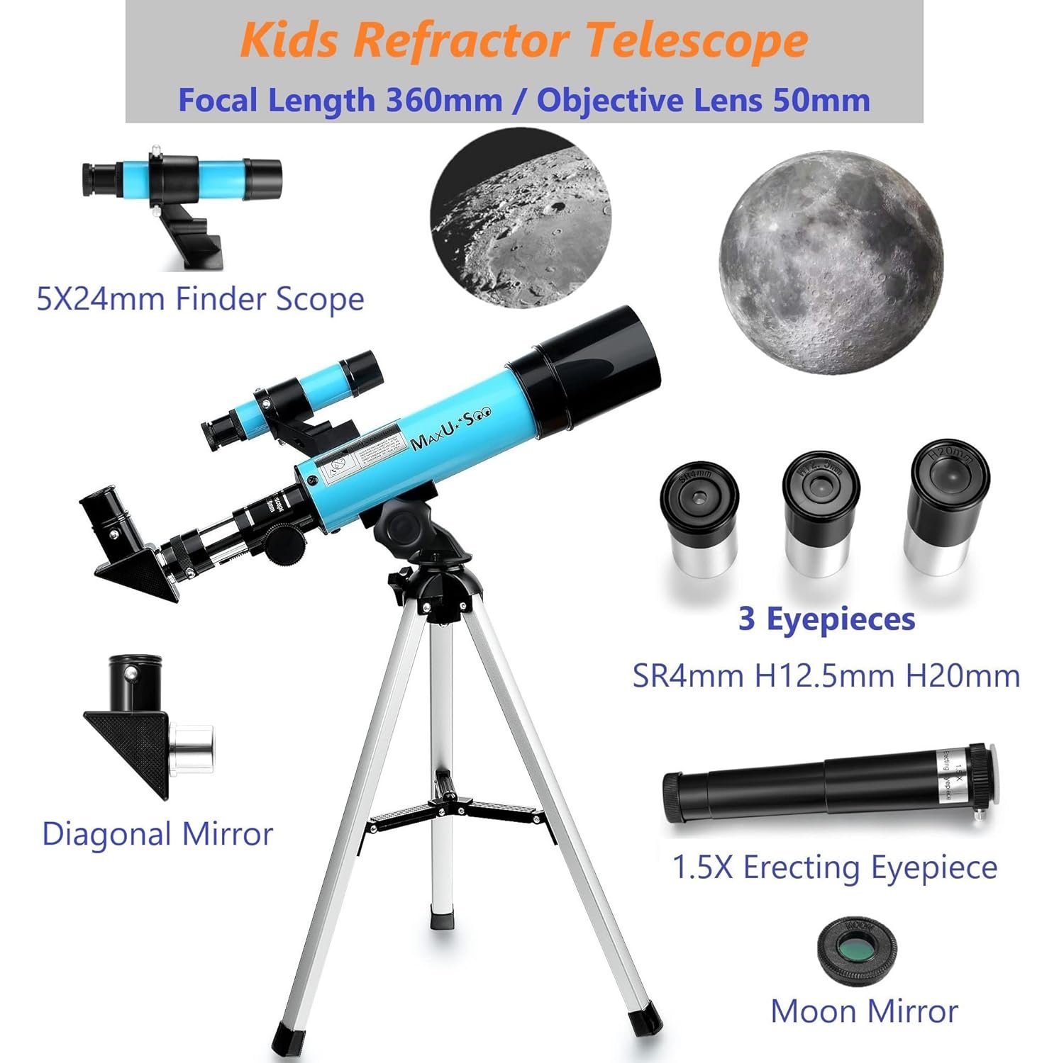 Lunar Telescope for Kids and Astronomy Beginners, Refractor Telescope with Finder Scope and 3 Eyepieces, Travel Telescope with Compact HD Binoculars for Moon Viewing Bird...