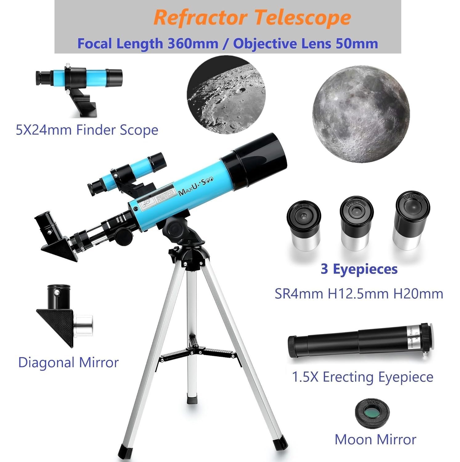 Lunar Telescope for Kids and Astronomy Beginners, Refractor Telescope with Finder Scope and 3 Eyepieces, Travel Telescope with Compact HD Binoculars for Moon Viewing Bird...
