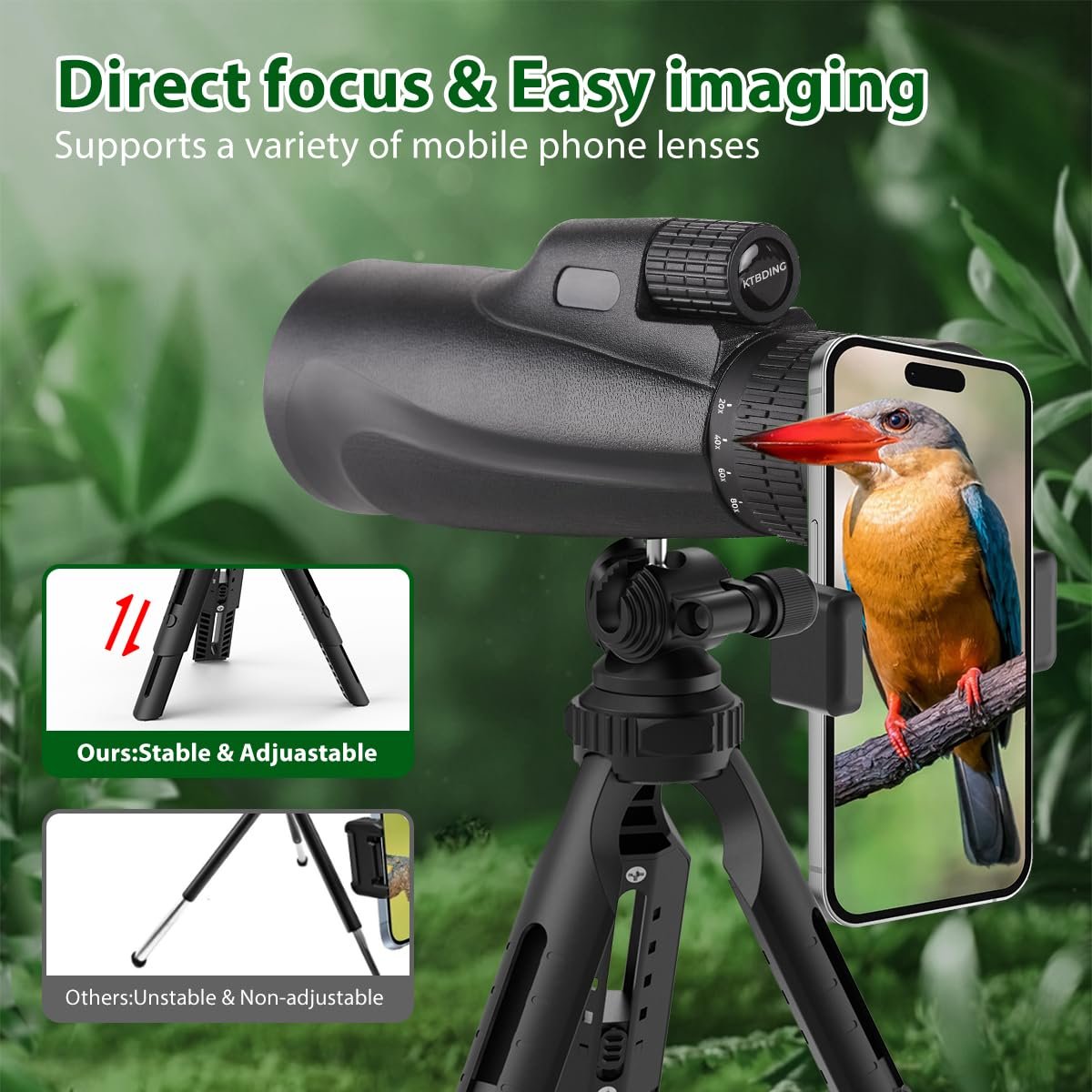 Monocular Telescope 80 x 100 High Powered Monoculars for Adults with Tripod, Monocular for Smartphone Suitable for Bird Watching Larger Vision Monoculars for Adults with BAK4...