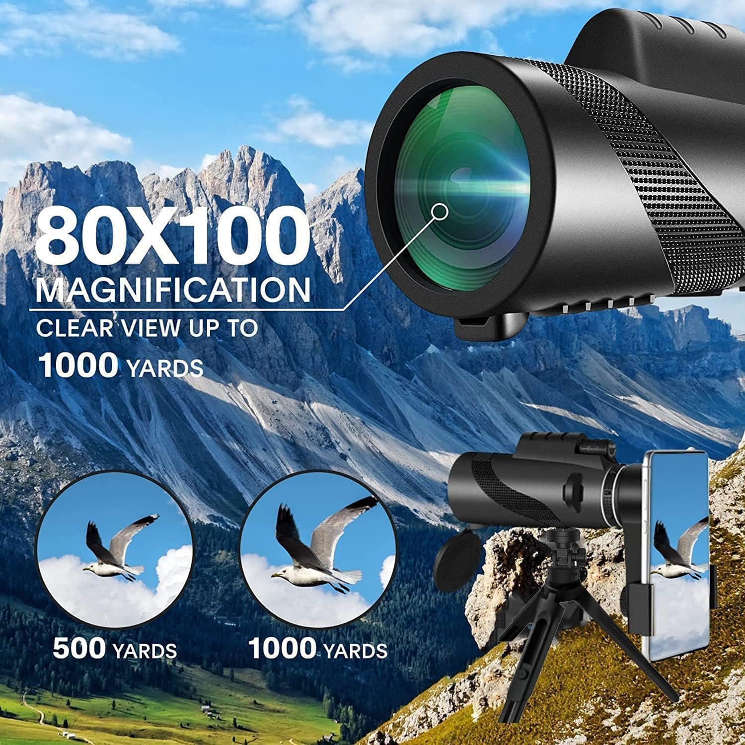 Monocular-Telescope 80x100 High Powered Monoculars High Definition for Adults High Powered with Smartphone Adapter Telescope Hunting Wildlife Bird Watching Travel Camping...