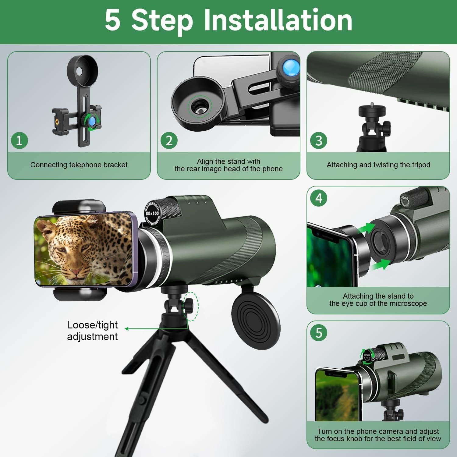 Monocular-Telescope 80x100 High Powered Monoculars High Definition for Adults High Powered with Smartphone Adapter Telescope Hunting Wildlife Bird Watching Travel Camping...