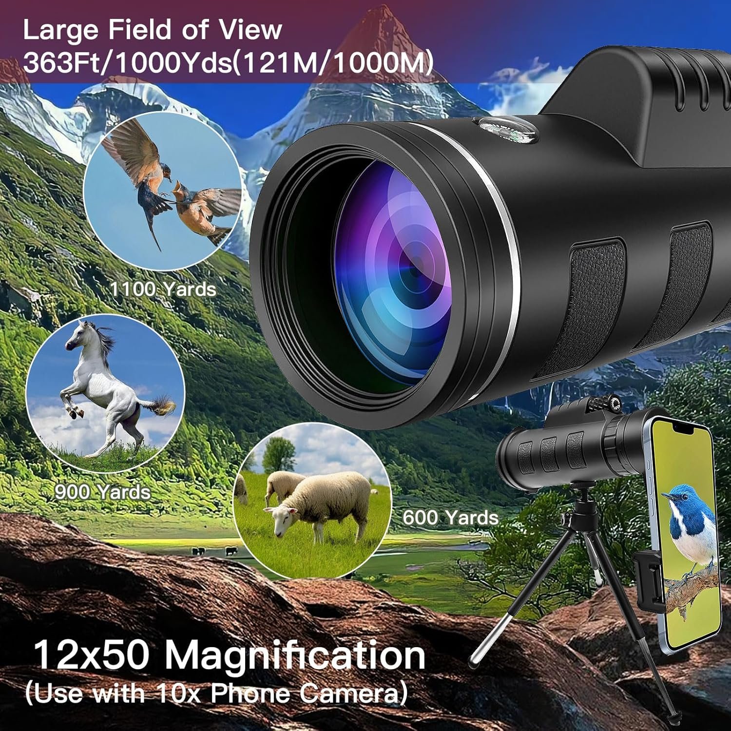 Monocular Telescope for Adults,12x50 HD Large Vision Monoculars with Smartphone Adapter Tripod,High Powered Monocular for Bird Watching Hunting Hiking Camping Wildlife,BAK4...