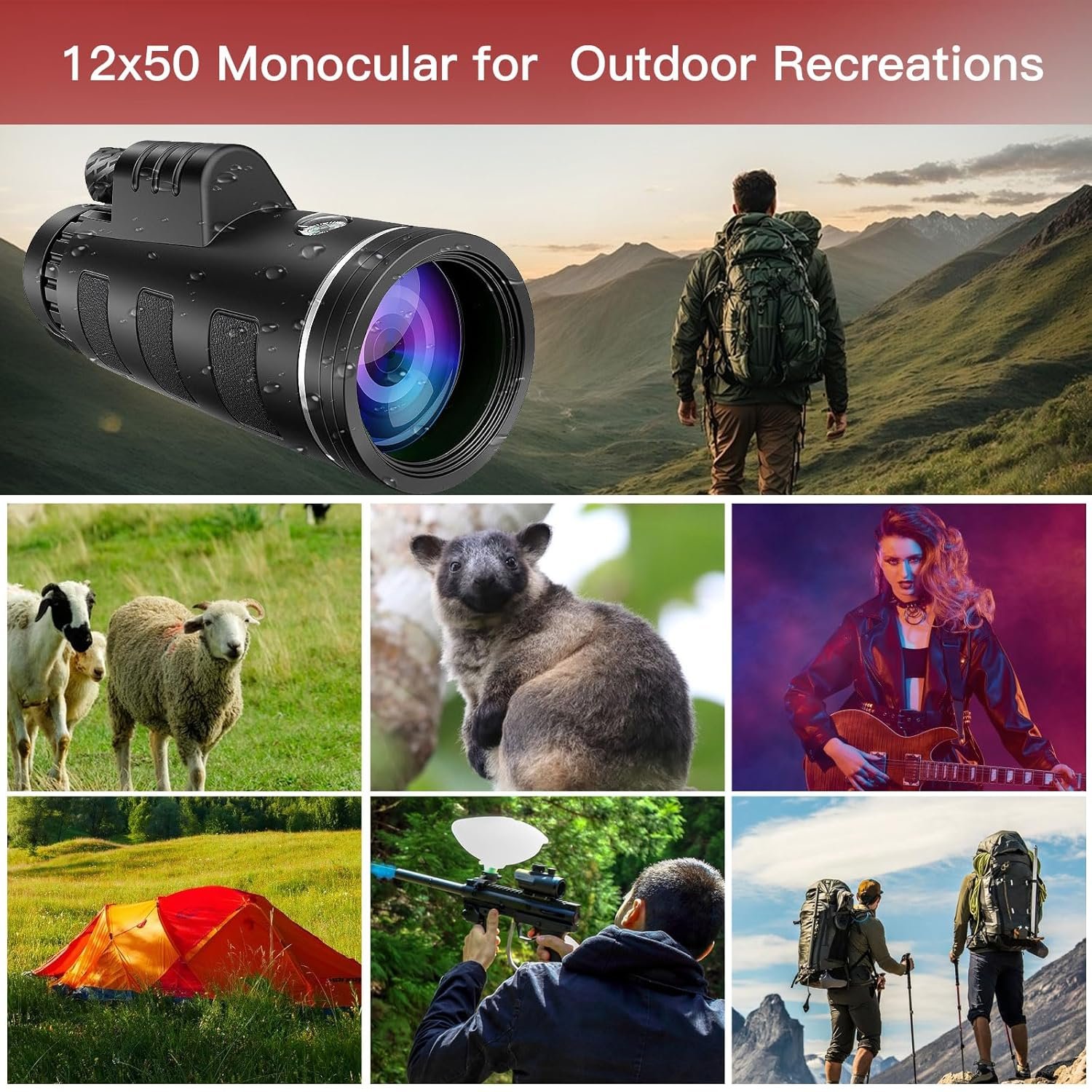 Monocular Telescope for Adults,12x50 HD Large Vision Monoculars with Smartphone Adapter Tripod,High Powered Monocular for Bird Watching Hunting Hiking Camping Wildlife,BAK4...