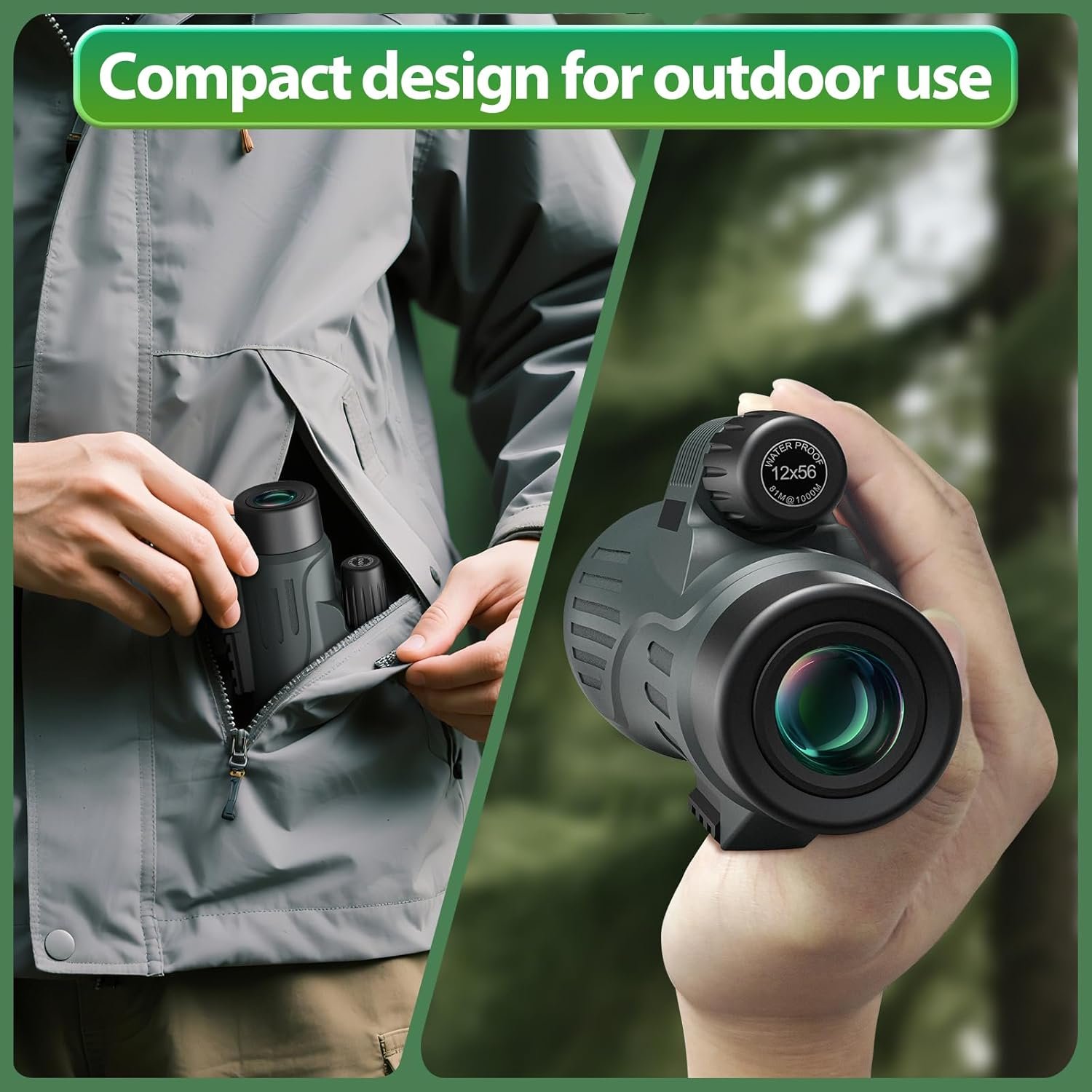 Monocular Telescope for Adults High Powered - 12x56 Waterproof Monocular Scope with Clear Low Light Vision - Compact Telescope with Tripod Smartphone Adapter for Bird Watching...