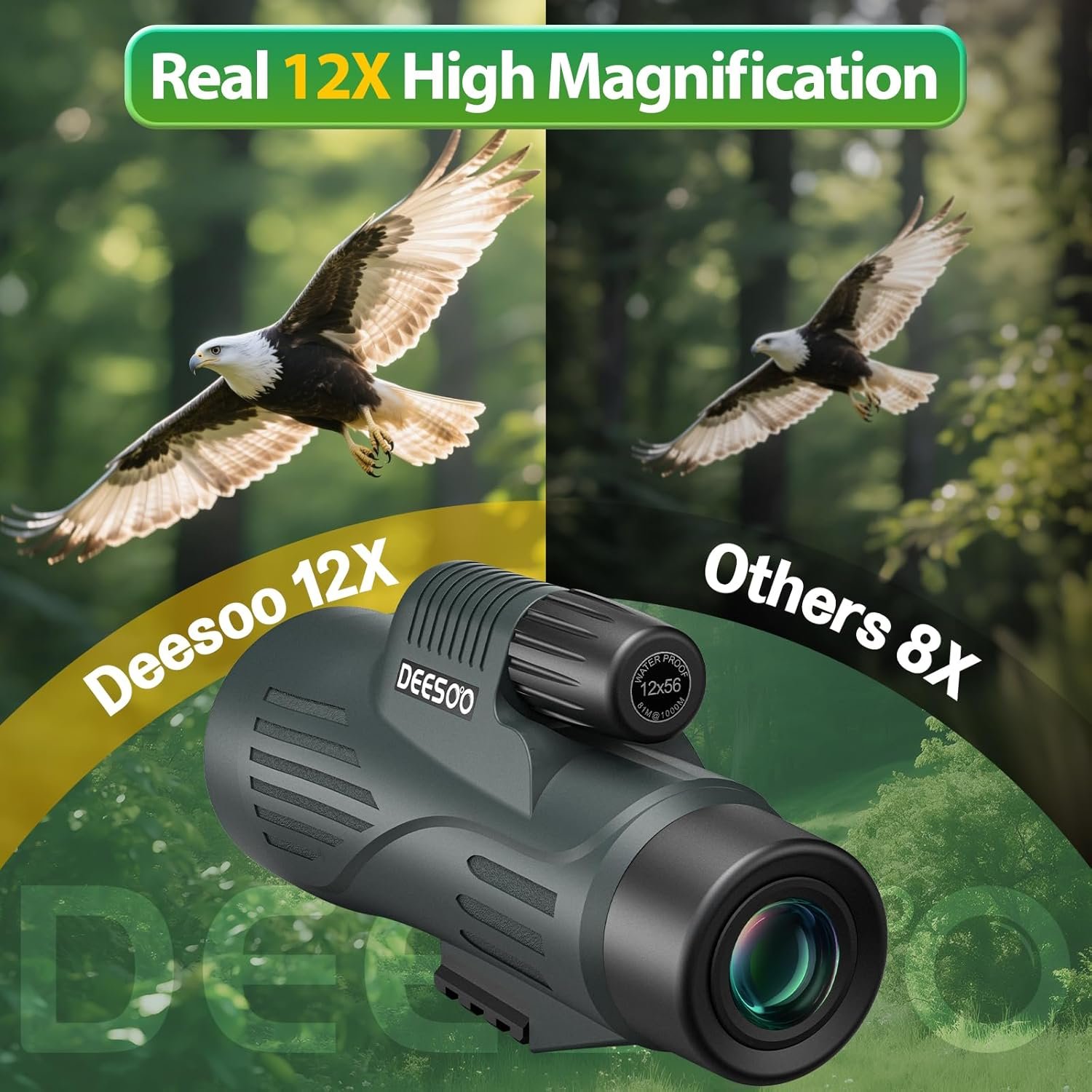 Monocular Telescope for Adults High Powered - 12x56 Waterproof Monocular Scope with Clear Low Light Vision - Compact Telescope with Tripod Smartphone Adapter for Bird Watching...