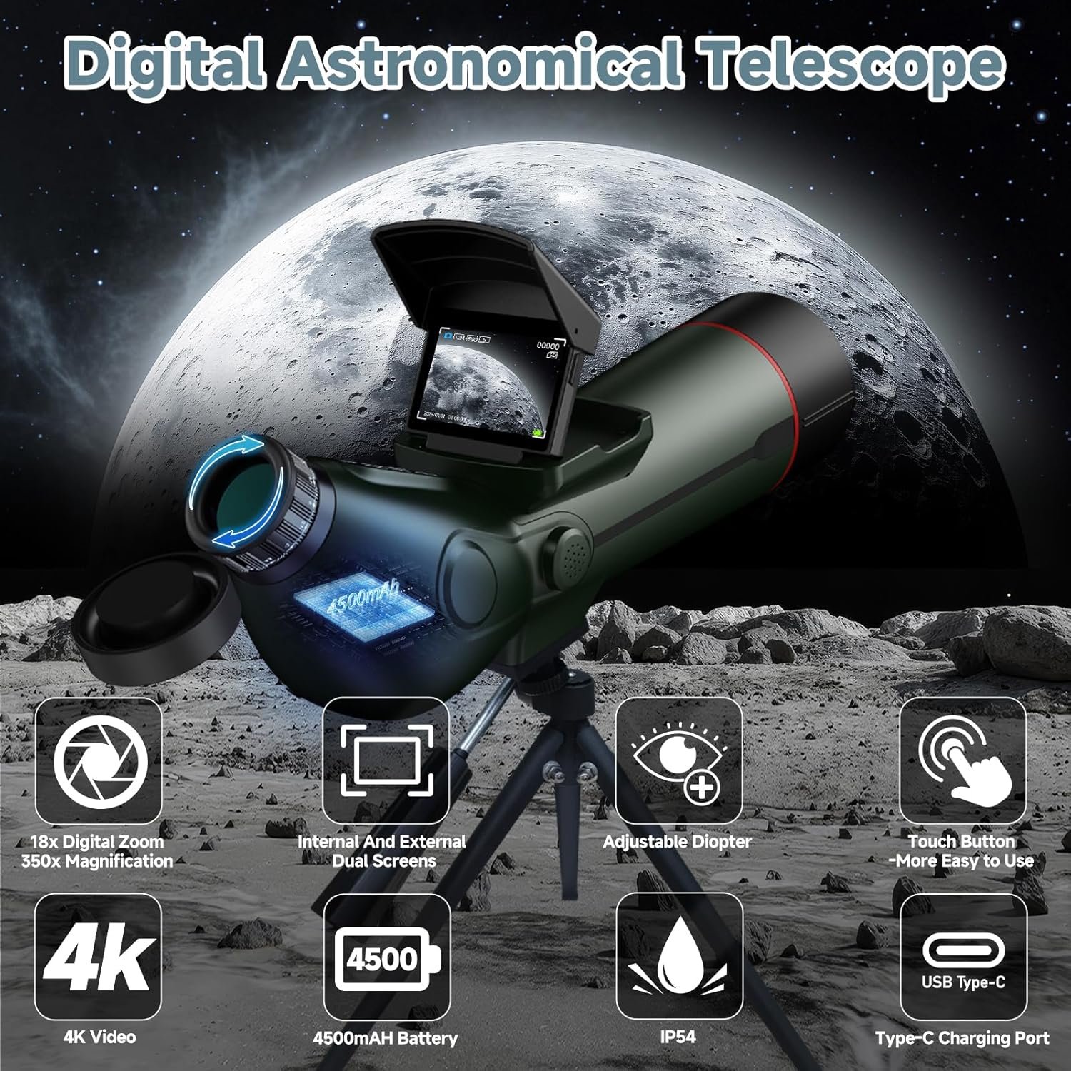 Smart Telescope, Professional Refractor Auto-focus Portable Digital Electronic Telescopes with 4K Astrophotography Camera, Internal And Externat Dual Screens Spotter for Adults...