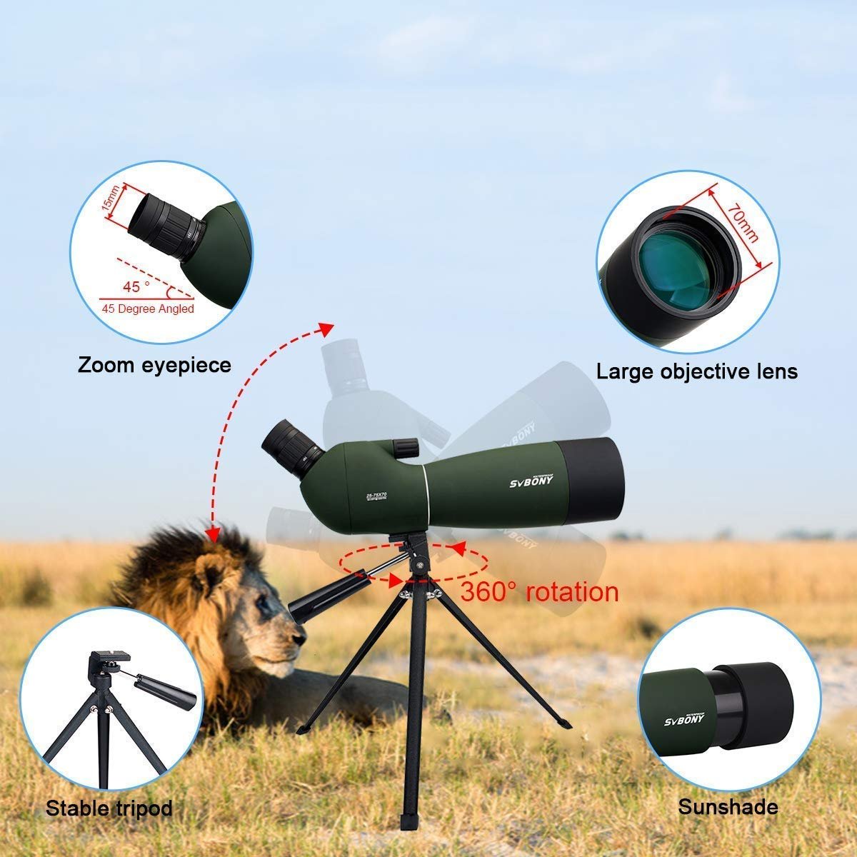 SVBONY SV28 Spotting Scopes with Tripod, Angled 25-75x70mm Spotter Scope with Phone Adapter, Waterproof Fogproof Spotting Scope for Bird Watching, Target Shooting, Wildlife Viewing