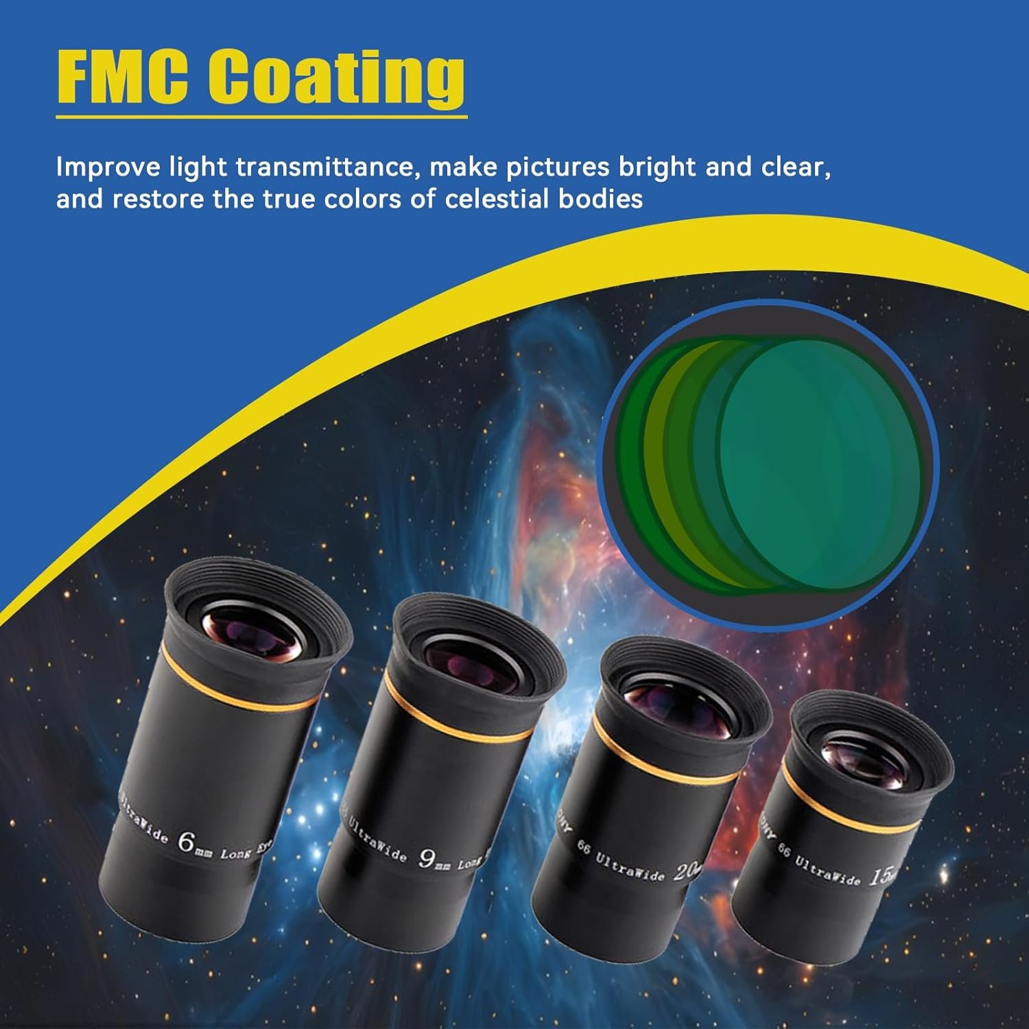 SVBONY Telescope Eyepiece Fully Multi Coated 1.25 inches Telescope Lens 66 Degree Ultra Wide Angle HD Telescope Accessory (6mm 9mm 15mm 20mm)