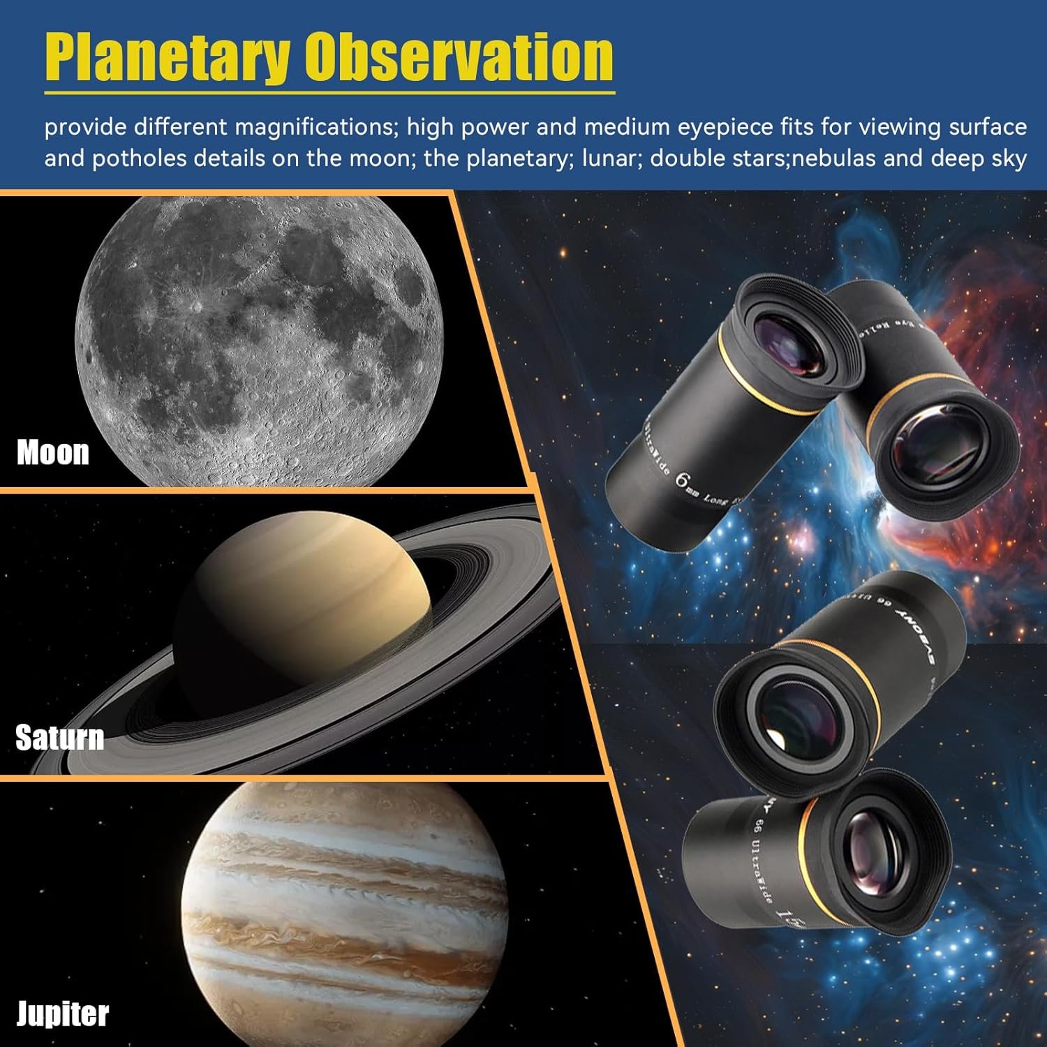 SVBONY Telescope Eyepiece Fully Multi Coated 1.25 inches Telescope Lens 66 Degree Ultra Wide Angle HD Telescope Accessory (6mm 9mm 15mm 20mm)