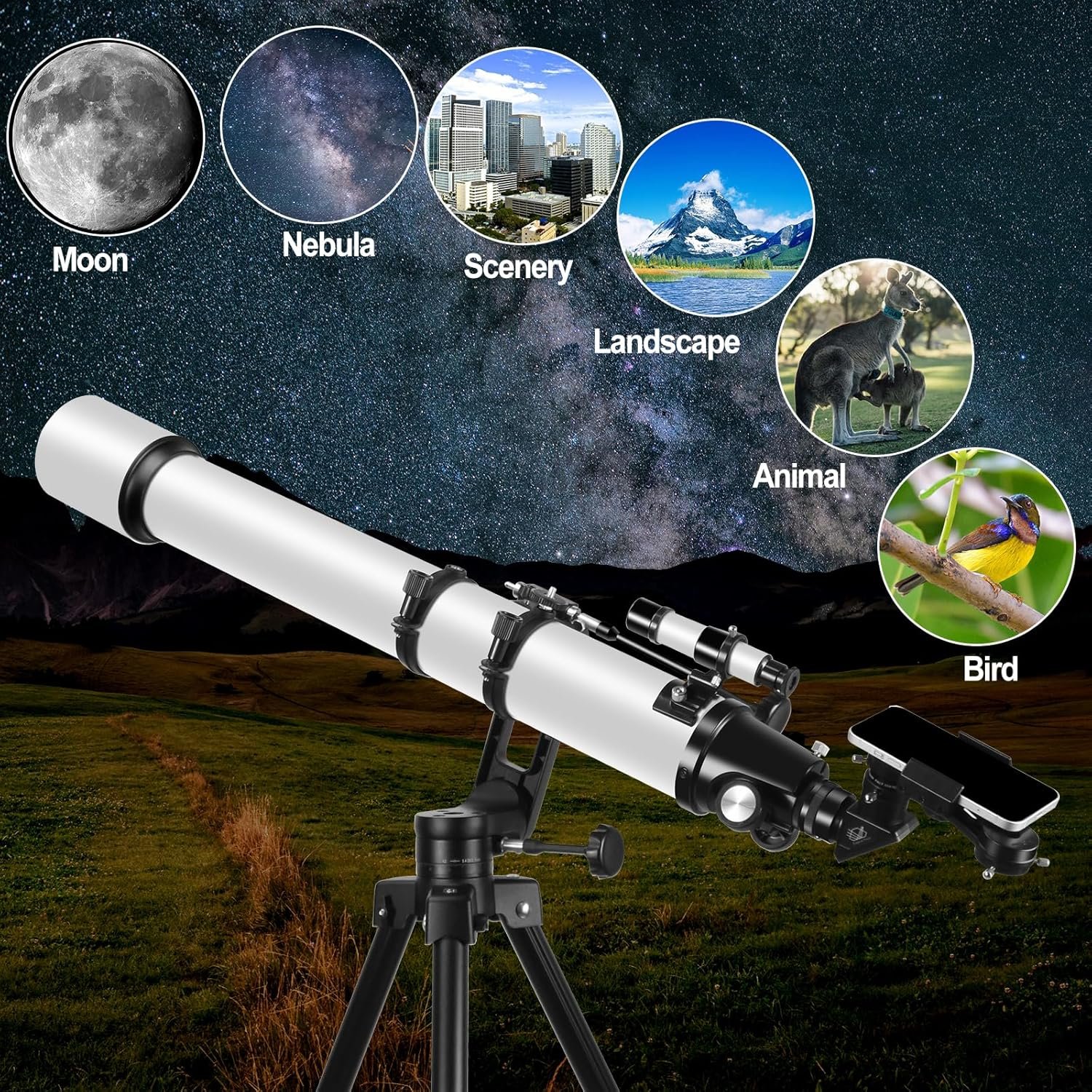 Telescope for Adults High Powered, 90mm Aperture 1000mm Refractor Telescopes for Adults Astronomy Telescopio with High Precision Adjustment, Ultra-Stable Vertisteel AZ Mount...