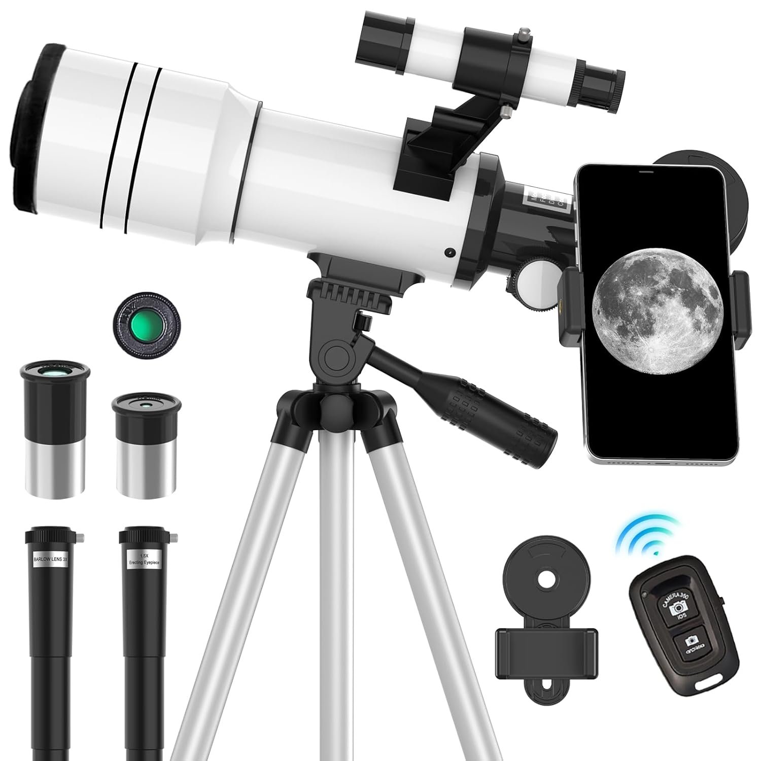 Telescope for Adults & Kids, 70mm Aperture Refractor (15X-150X) Portable Travel Telescope with Phone Adapter & Wireless Remote, Astronomy Beginners Gifts, Black