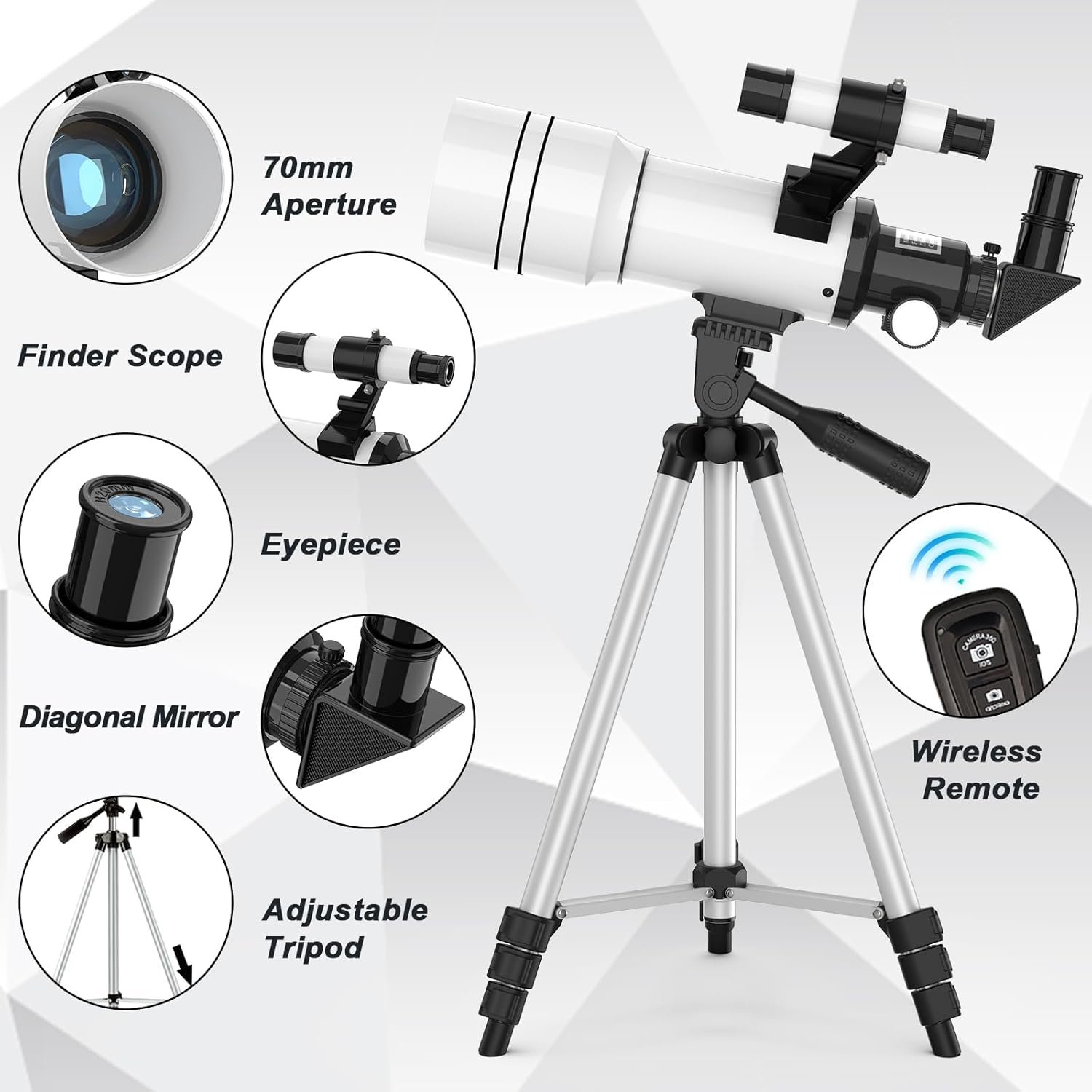 Telescope for Adults & Kids, 70mm Aperture Refractor (15X-150X) Portable Travel Telescope with Phone Adapter & Wireless Remote, Astronomy Beginners Gifts, Black