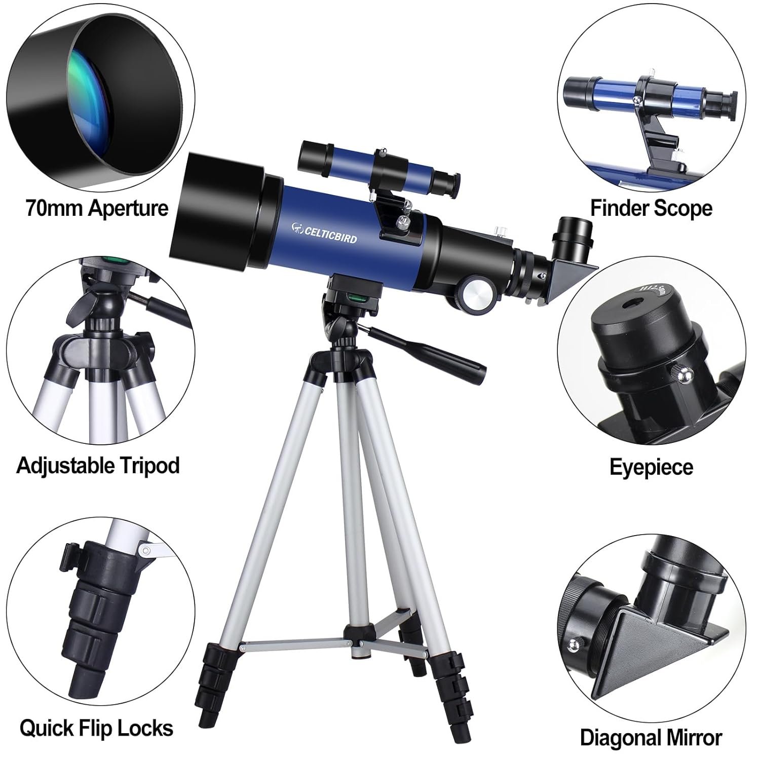 Telescope for Kids Beginners, 70mm Aperture 400mm Astronomical Refracting Telescope for Adults Students - Travel Telescopes with Tripod, Phone Adapter(Ocean Blue)