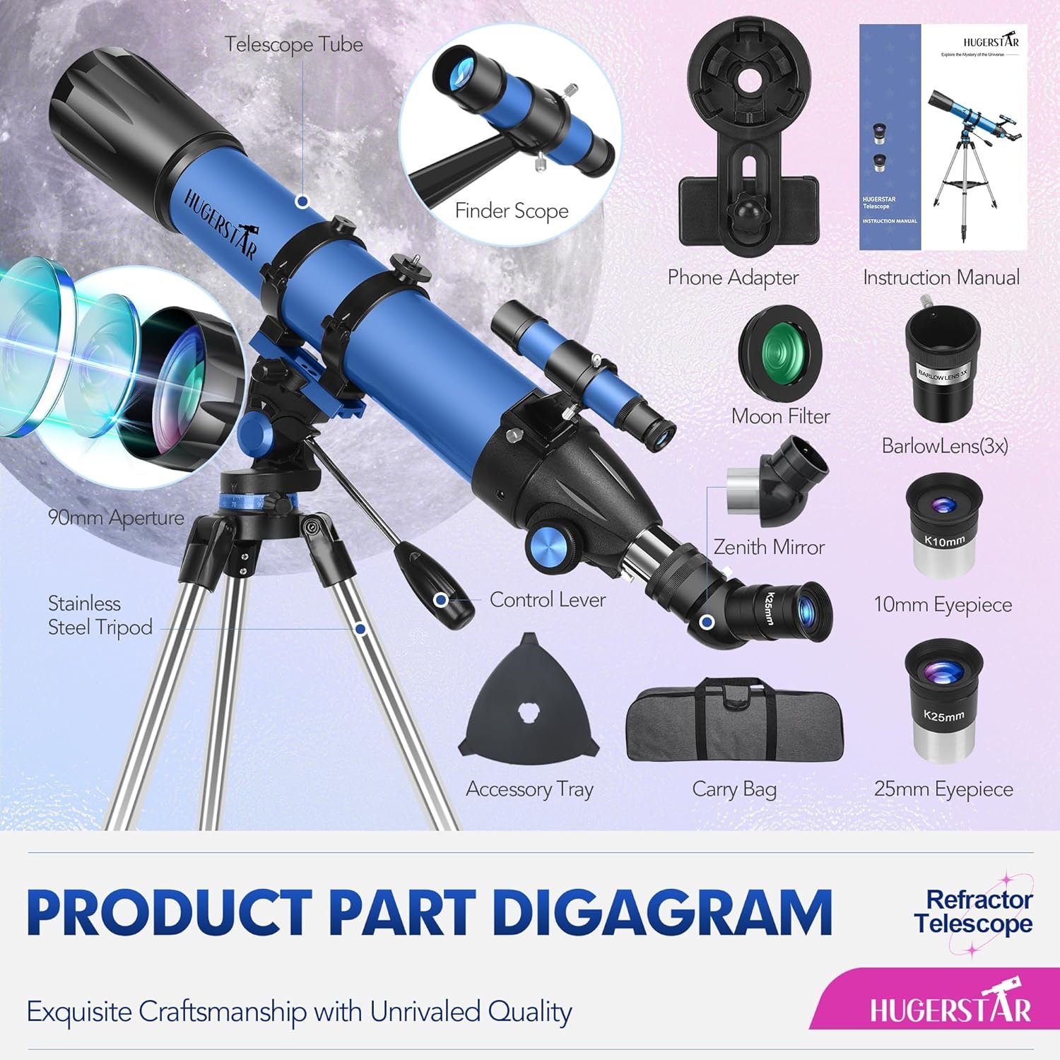 Telescope, Telescope for Adults High Powered, 90mm Aperture 800mm Professional Refractor Telescopes for Adults Astronomy Beginners with AZ Mount Stainless Tripod, Carry Bag and...