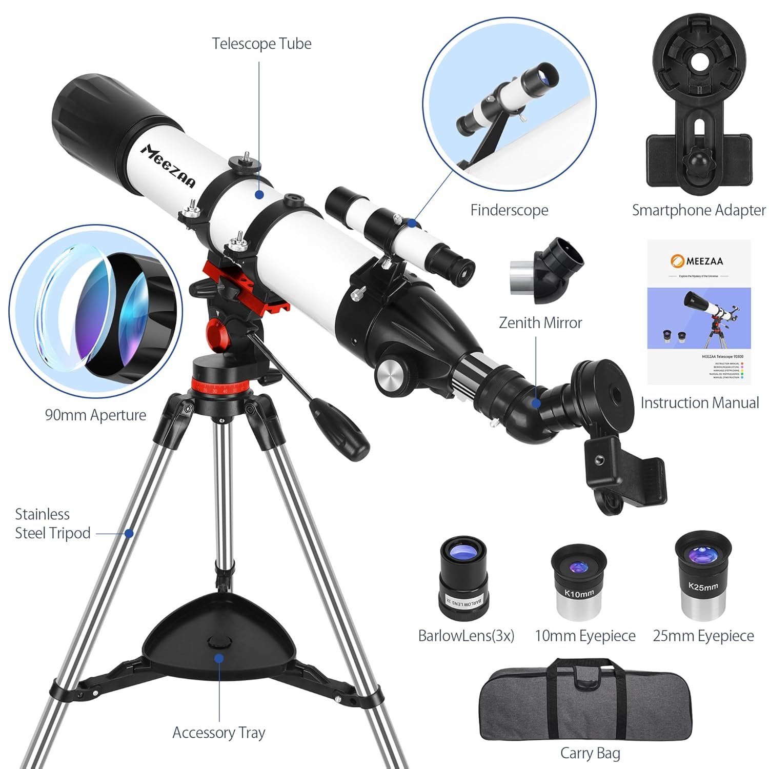 Telescope, Telescope for Adults High Powered Professional, 90mm Aperture 800mm Refractor Telescopes for Astronomy Beginners Fully Multi-Coated with AZ Mount Tripod & Phone...