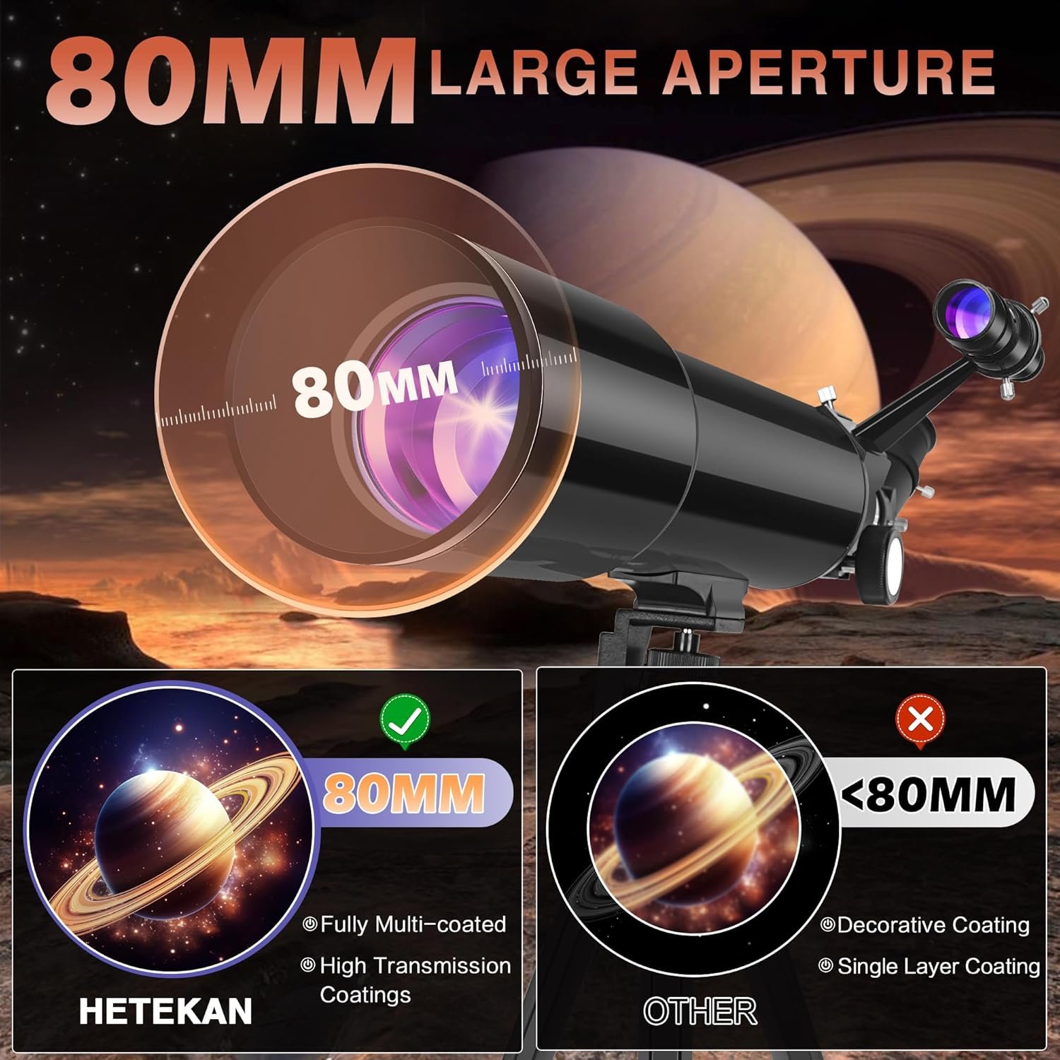 Telescope, Telescopes for Adults Astronomy, 80mm Aperture High Powered Refractor Telescope for Kids & Beginners, Magnification 180X, for Moon Observation with Phone Adapter &...