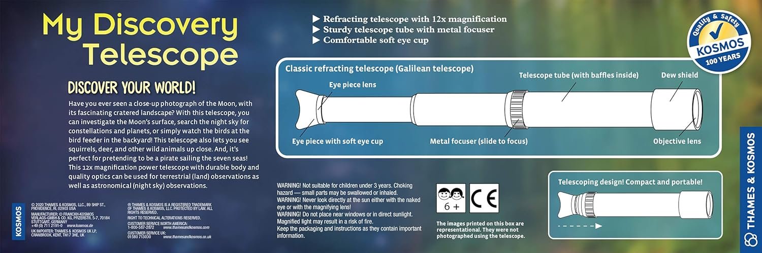 Thames & Kosmos My Discovery Telescope | Refracting Telescope with 12x Magnification | Compact & Portable for Land & Night Sky Observations | See The Moon, Planets, Wild Animals...