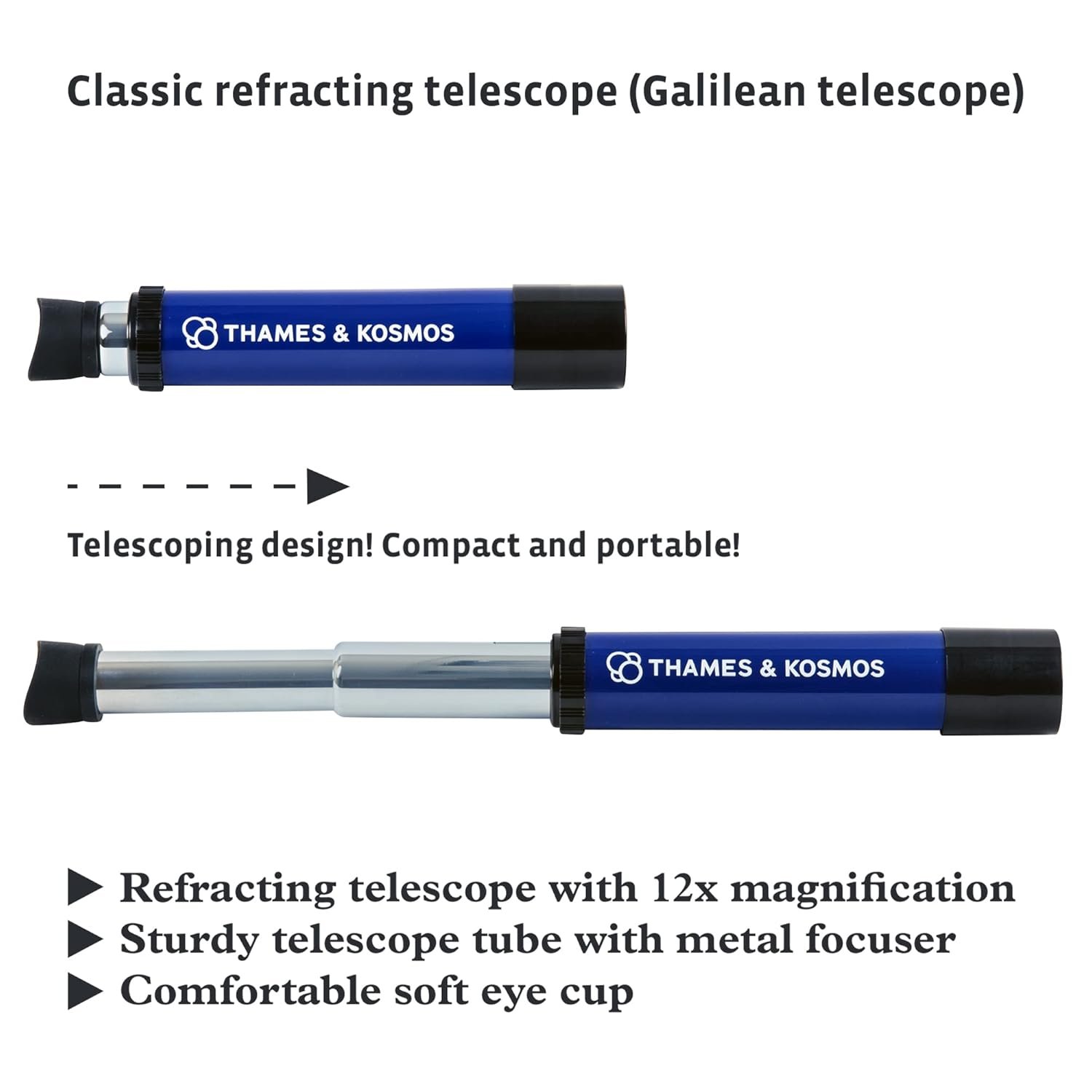 Thames & Kosmos My Discovery Telescope | Refracting Telescope with 12x Magnification | Compact & Portable for Land & Night Sky Observations | See The Moon, Planets, Wild Animals...