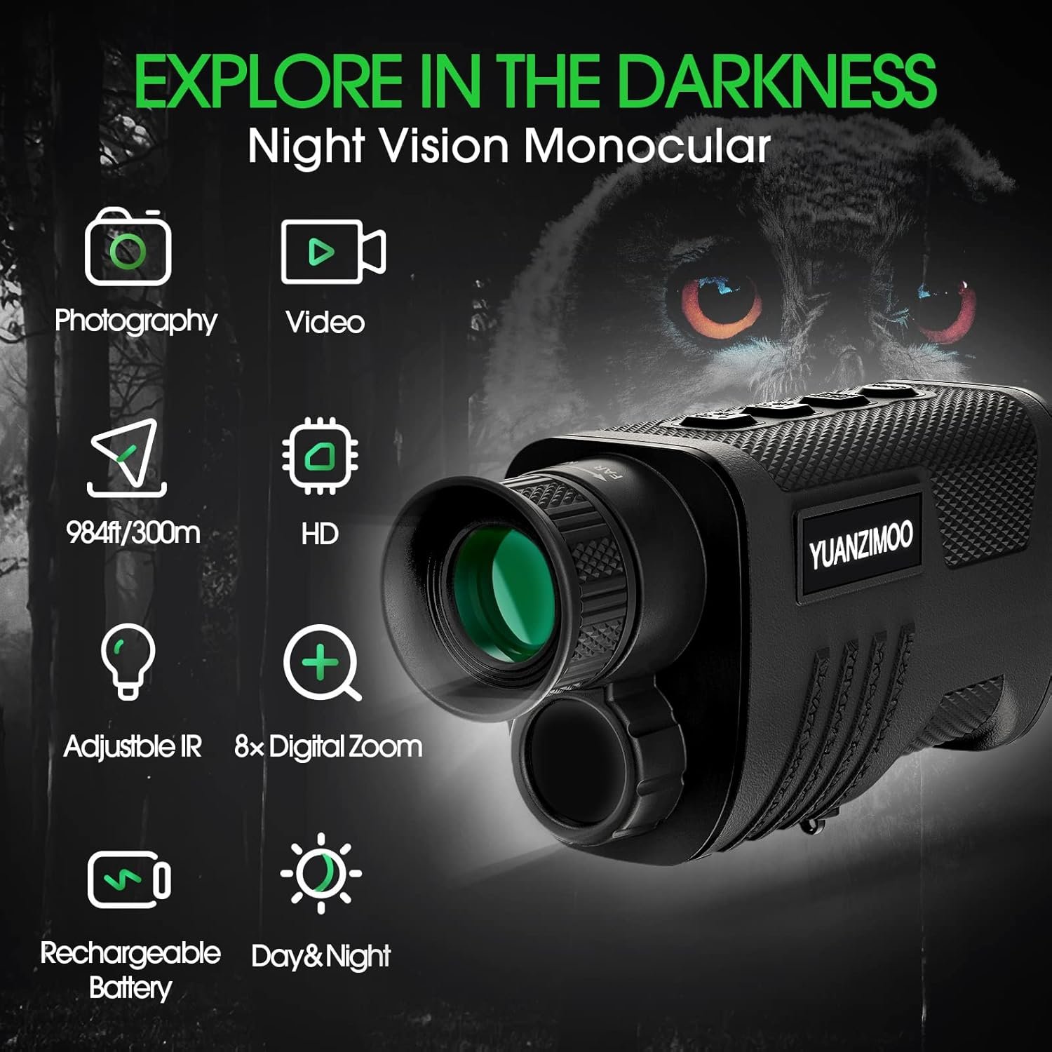 Upgraded Night Vision Monocular Digital Infrared Monocular Telescope for 100% Darkness with 8X Zoom 2000mAh Rechargeable Battery Tripod 32 GB SD Card & Card Reader, for Adult...